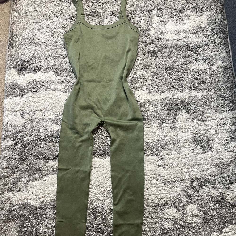 Anwnd Olive Green Ribbed Jumpsuit Indie Earthy Athleisure Bodycon Loungewear - Picture 4 of 5